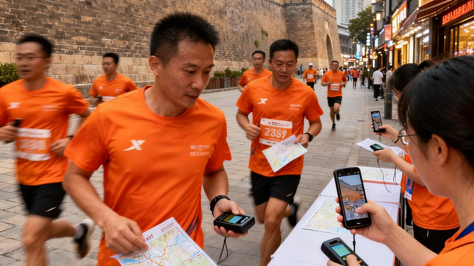 一组城市定向赛参赛者手持地图和打卡设备在城市历史文化街区奔跑，背景是古老的城墙和现代商业街的交融，选手们穿着统一的橙色赛事T恤，在指定打卡点排队扫码完成任务。