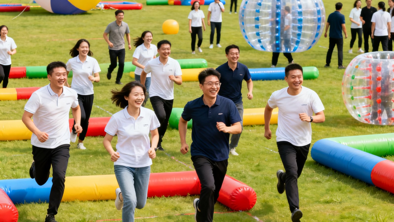 一家大型企业的员工在草坪上进行趣味运动会，彩色充气道具、巨型排球和泡泡足球设备散布在场地中，员工们分成多个小组进行障碍接力赛，现场充满欢笑和团队协作的热烈氛围。